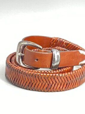 Cole Haan Braided Leather Mesh Belt Mens 36 Brown Silver Tone Buckle Outdoor